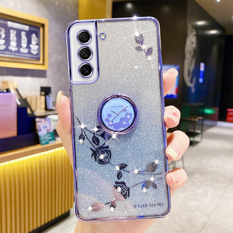 For Samsung Galaxy S21 FE 5G Gradient Glitter Phone Case with Ring Kickstand Flower Pattern Rhinestone Decor Soft TPU Anti-drop Bumper Cover For Samsung Galaxy S21 FE 5G Gradient Glitter Phone Case with Ring Kickstand Flower Pattern Rhinestone Decor Soft TPU Anti-drop Bumper Cover